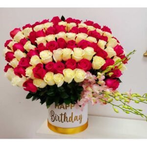 Red And White Roses Bouquet Decorated With Dendrobium