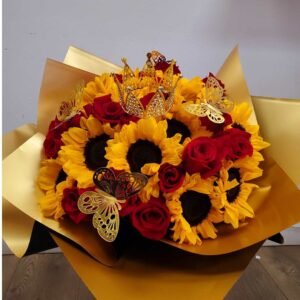 Beautiful Sunflowers And Red Roses Bouquet