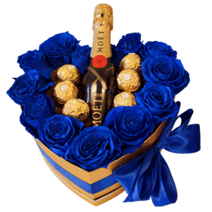 Blue Roses Heart With Bombons & Champagne