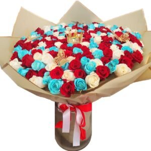 Colorful 150 Roses Bouquet Decorated With A Golden