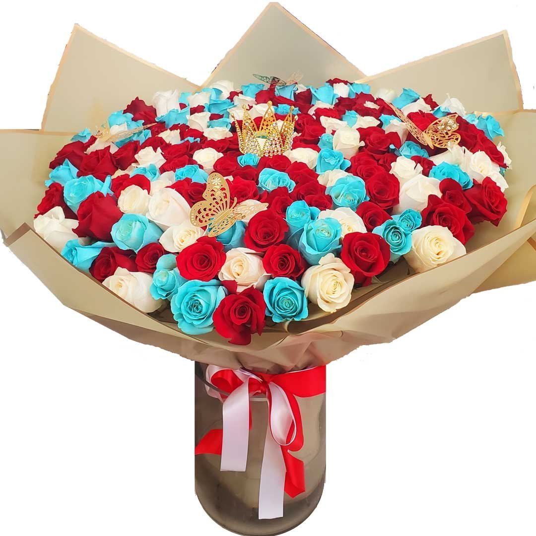 Colorful 150 Roses Bouquet Decorated With A Golden