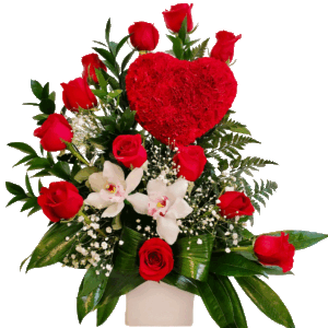 Red Roses And Orchids With A Beautiful Heart Made