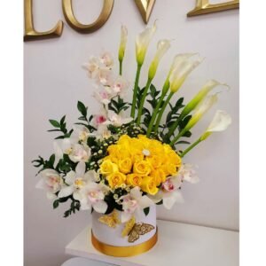 Flower Arrangement With Orchids, Yellow Roses