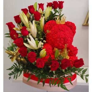 Big Rose Bear Decorated With Red Roses & Lilies