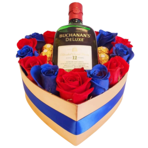 Gold Heart Rose Box With A Whiskey Bottle