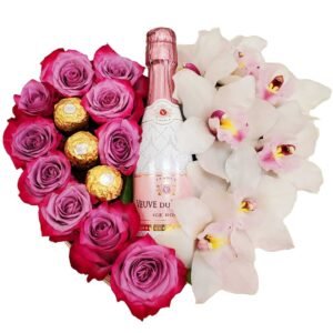 Pink Roses & Orchid Heart With Bombons & Champagne