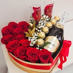 Red Roses Heart With Bombons & Champagne