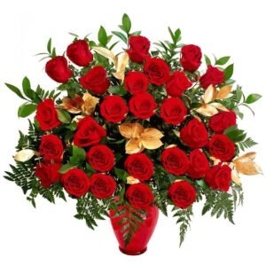 Luxury 36 Red Roses Bouquet With Golden Leaves