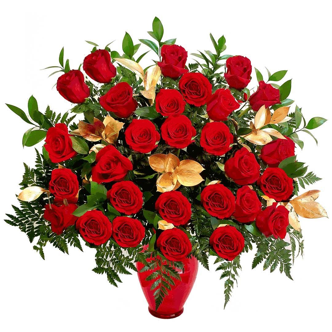 Luxury 36 Red Roses Bouquet With Golden Leaves