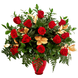 Luxury 12 Red Roses Bouquet With Gold Leaves