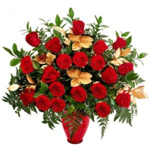 Luxury 24 Red Roses Bouquet With Golden Ruscus Leaves