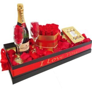 Luxury Box Decorated With Red Roses, Moet
