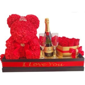 Luxury Box Decorated With Red Roses, Moet