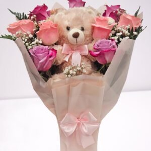Pastel Rose Bouquet With Cute Teddy Bear