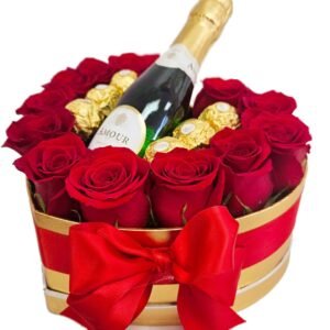 Red Roses Heart With Bombons & Champagne