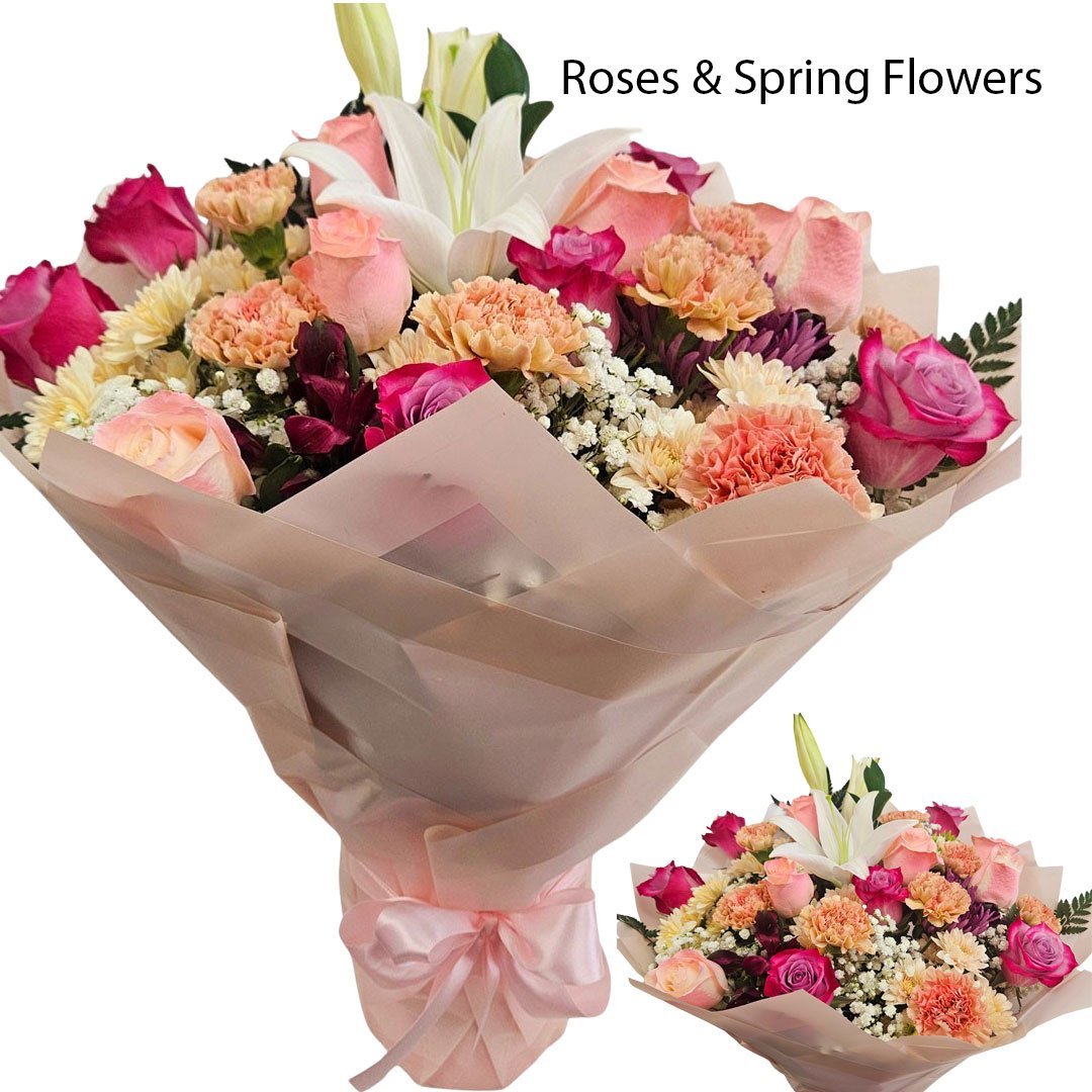 Bouquet With Pastel Roses, Lilies And Spring Flowers