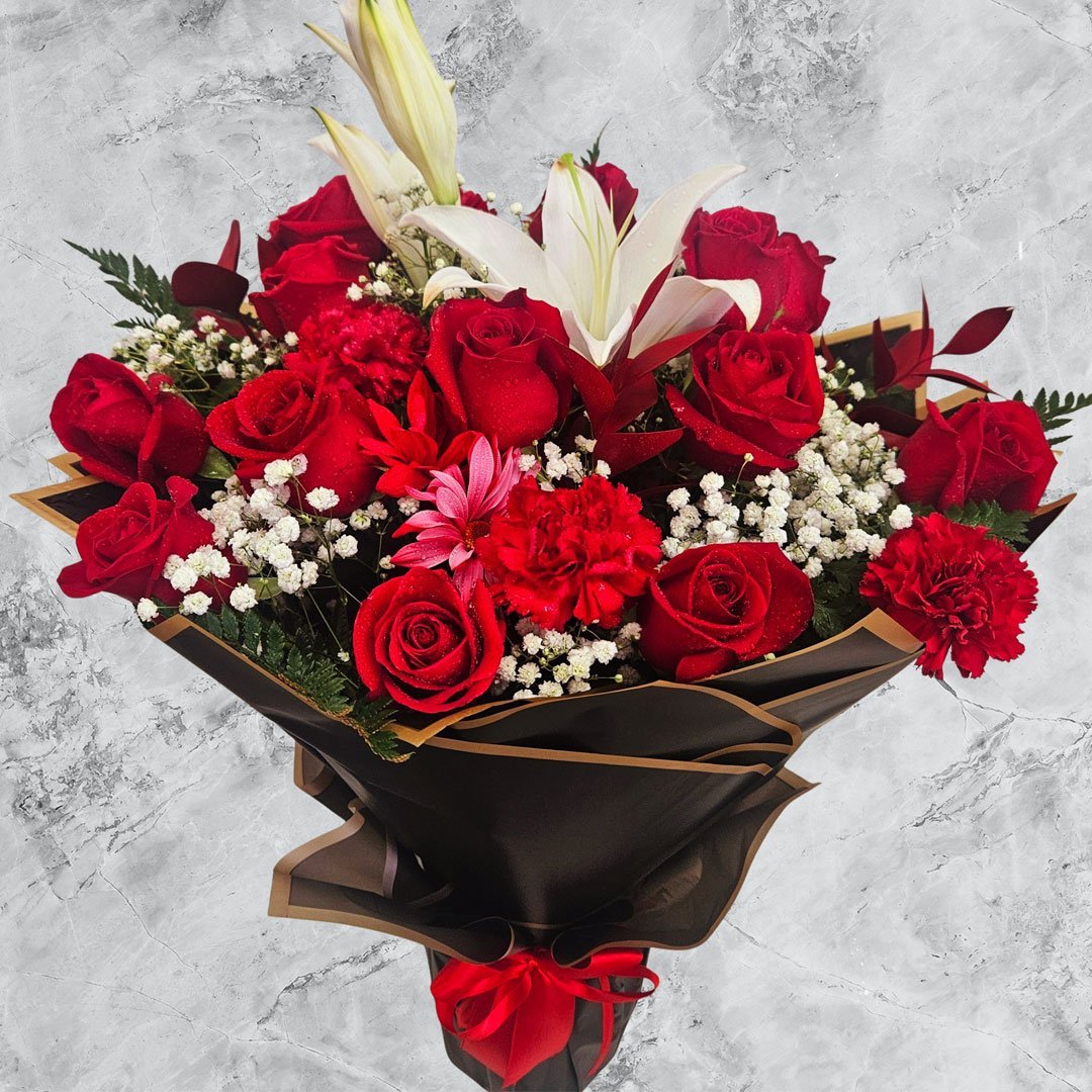 Luxurious Red Roses, Lilies And Spring Flowers Bouquet