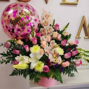 Happy Birthday Flower Arrangement With Orchids, Roses