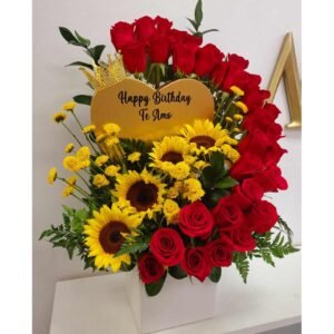 Happy Birthday Flower Arrangement With Golden Heart
