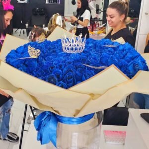 Blue 200 Roses Bouquet Decorated With A Crown And Gold