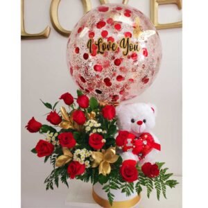 Sweet Teddy Bear With Beautiful Balloon & Red Roses