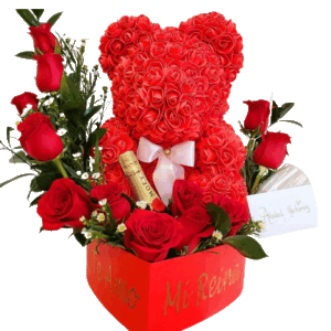 Personalized Heart Box With Red Roses, Bear