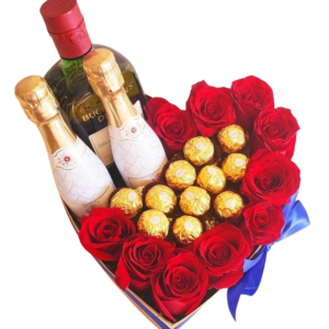 Red Roses Heart With Chocolates Plus Champagne