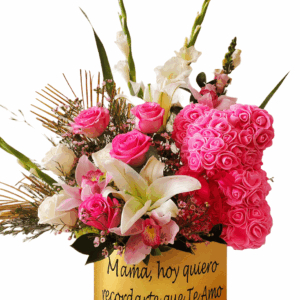 Personalized Box With Pink Bear And Natural Flowers