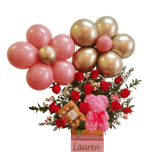 Personalized Flower & Balloon Arrangement - Red