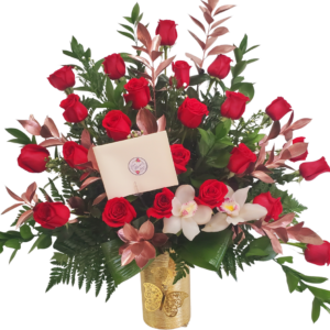 Red Dreams - 24 Red Roses With Rose Gold Foliage